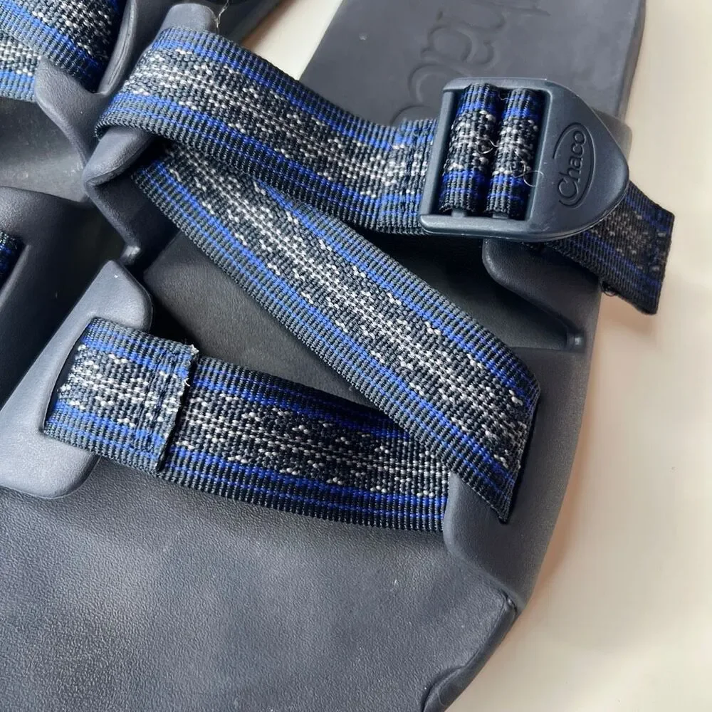 Chaco Men's Chillos slides feature blue and gray patterned adjustable straps and